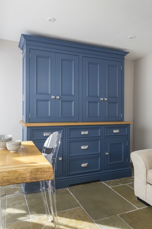 freestanding blue larder cupboard door closed