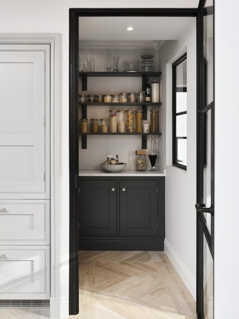 luxury kitchen walk in pantry, door open